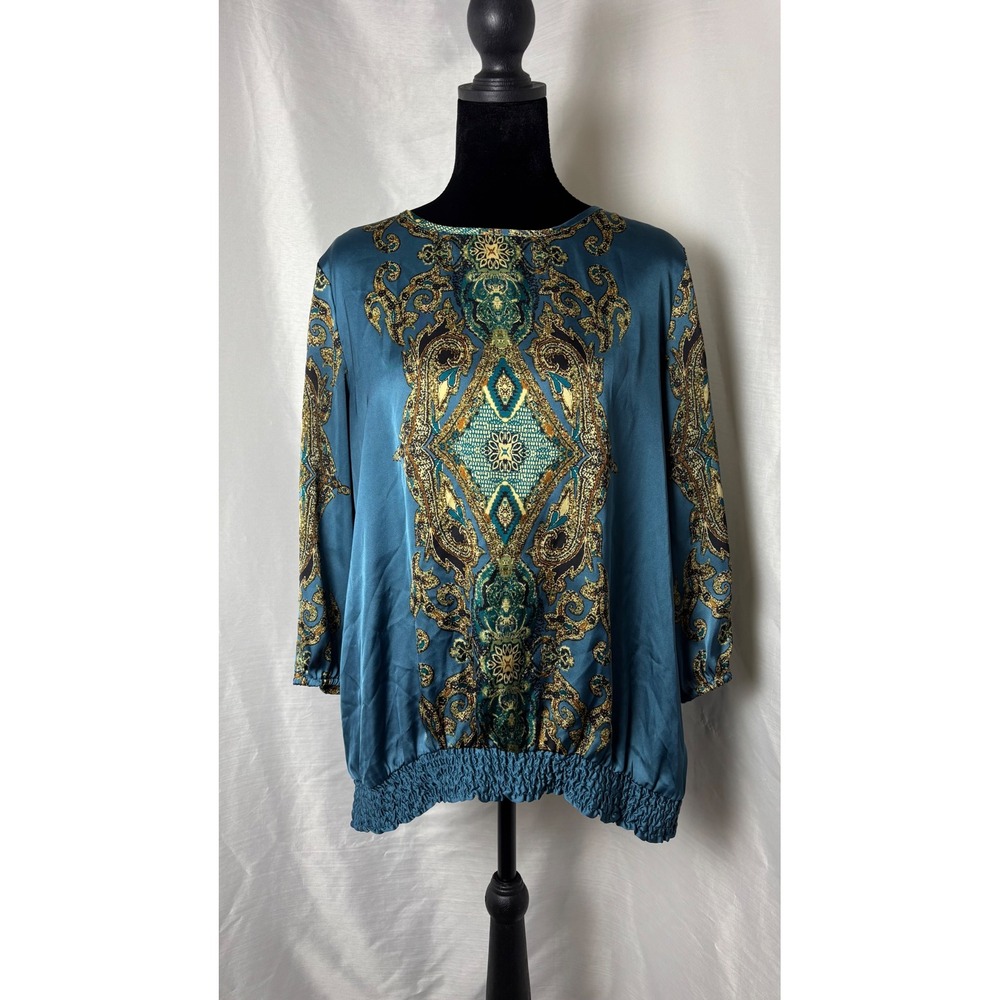 Roz & Ali Blouse Womens Medium Teal Gold Paisley Smocked Hem Excellent Boho